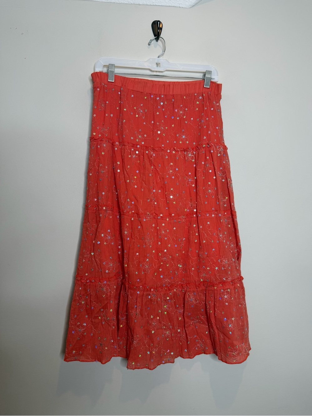 Vintage LEI Orange Sequin Embroidered Tiered Maxi Skirt Y2K Boho Festival M